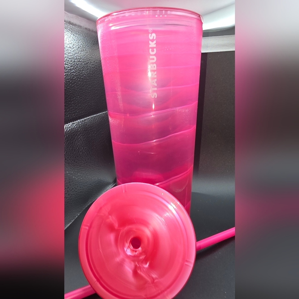 Starbucks Patterned Vibrant Pink Tumbler with Lid and Straw